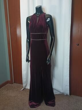 Oleg Cassini Velvet Evening Gown 6 Wine Slit High Neck Demure Event Whimsigoth